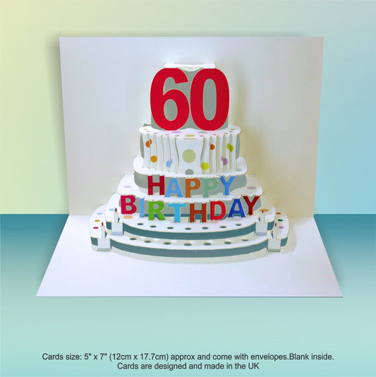 Age 60 Birthday Card - White - 60th Birthday Card, Cake Birthday Card, Pop Up Card. #POP-048 (AGE60)