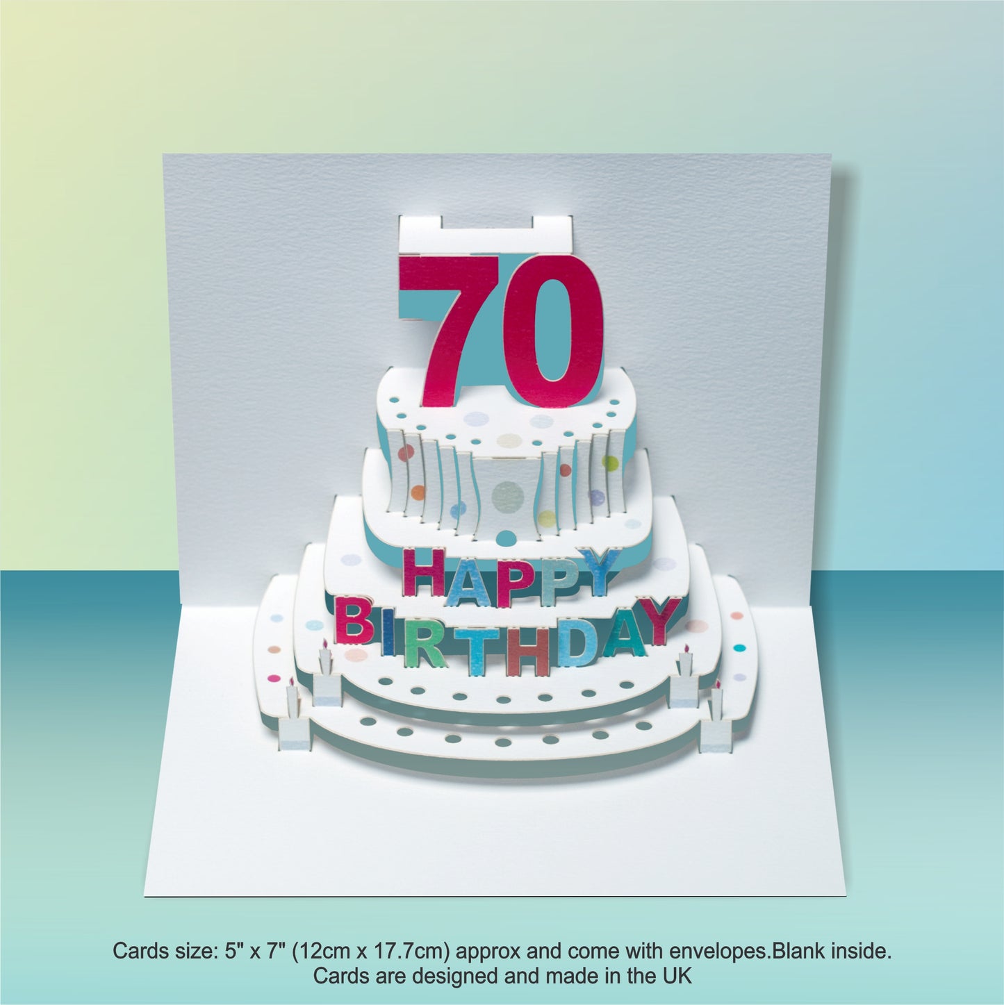 Age 70 Birthday Card - White- 70th Birthday Card, Cake Birthday Card, Pop Up Card. #POP-050 (AGE70)
