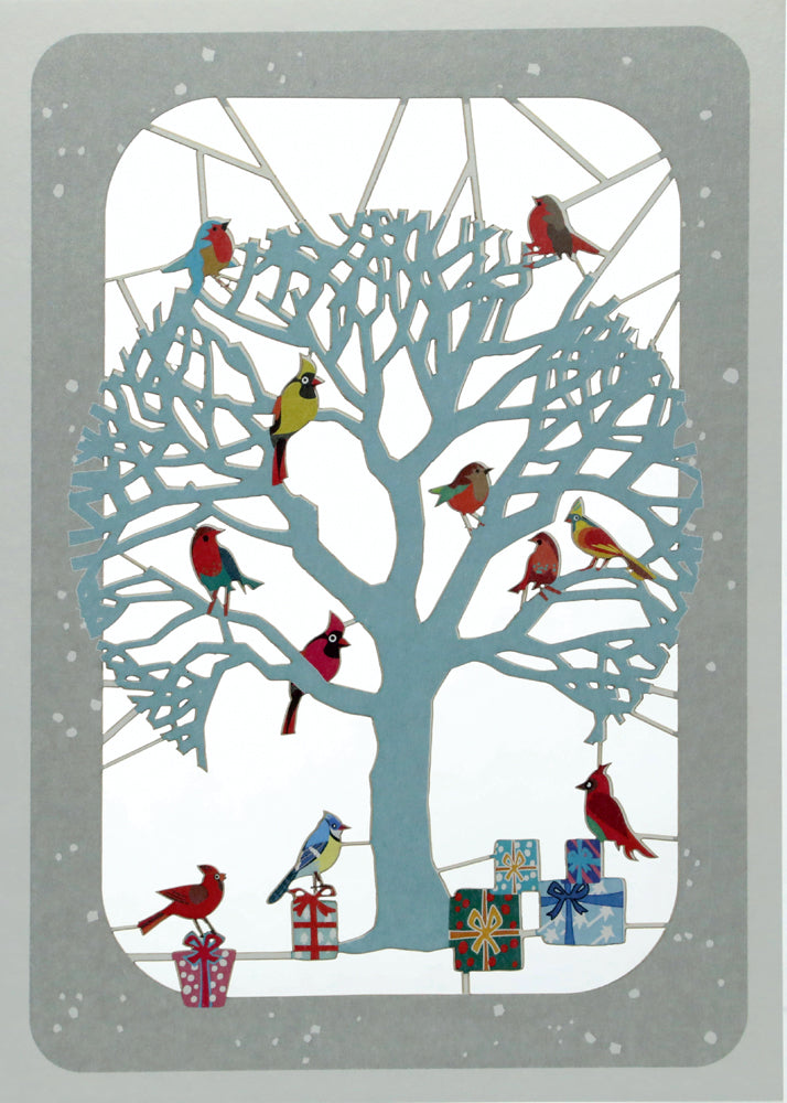 Blue Tree Birds - Christmas Card - Laser Cut Card - Blank - #XP-087