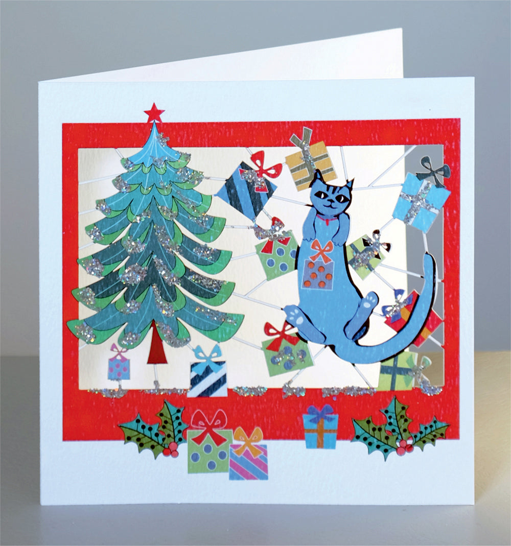Cat at Christmas - Glitter - Christmas Card - Laser Cut Card - Blank - XPM042