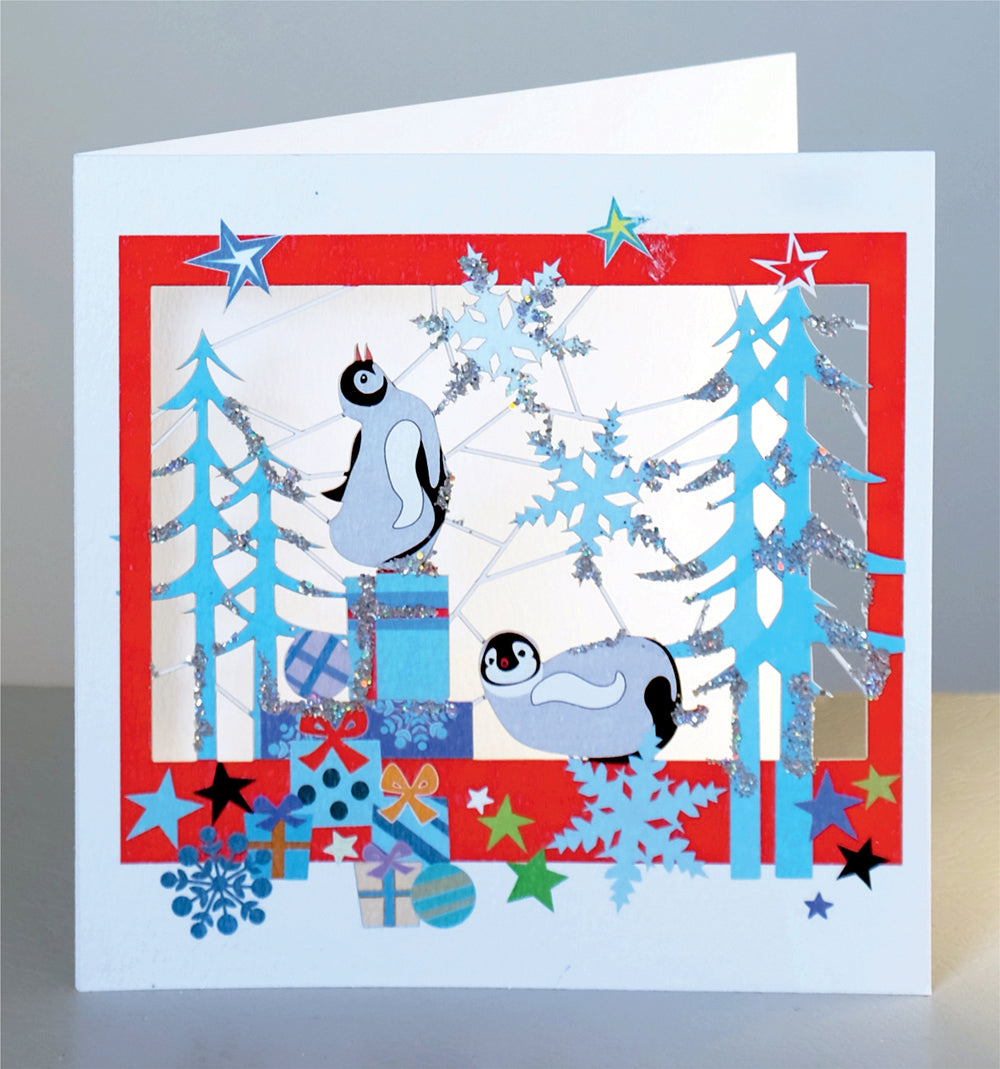 Penguins at Christmas - Glitter - Christmas Card - Blank - XPM043