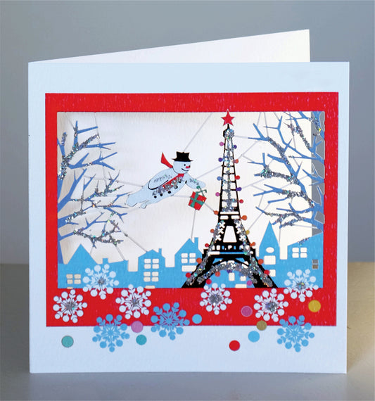 Snowman over Paris - Glitter - Christmas Card - Blank - XPM045