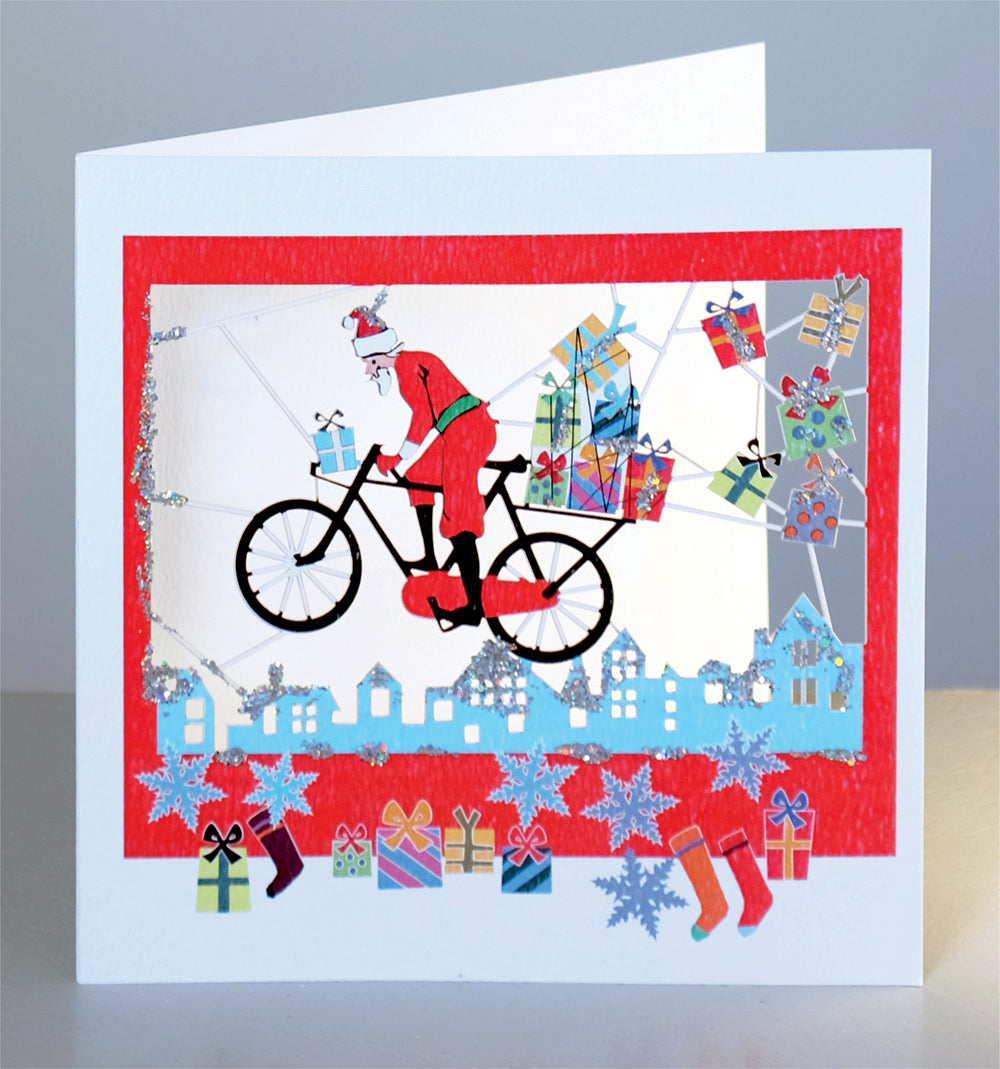 Cycling Father Christmas - Glitter - Christmas Card - Blank - XPM046