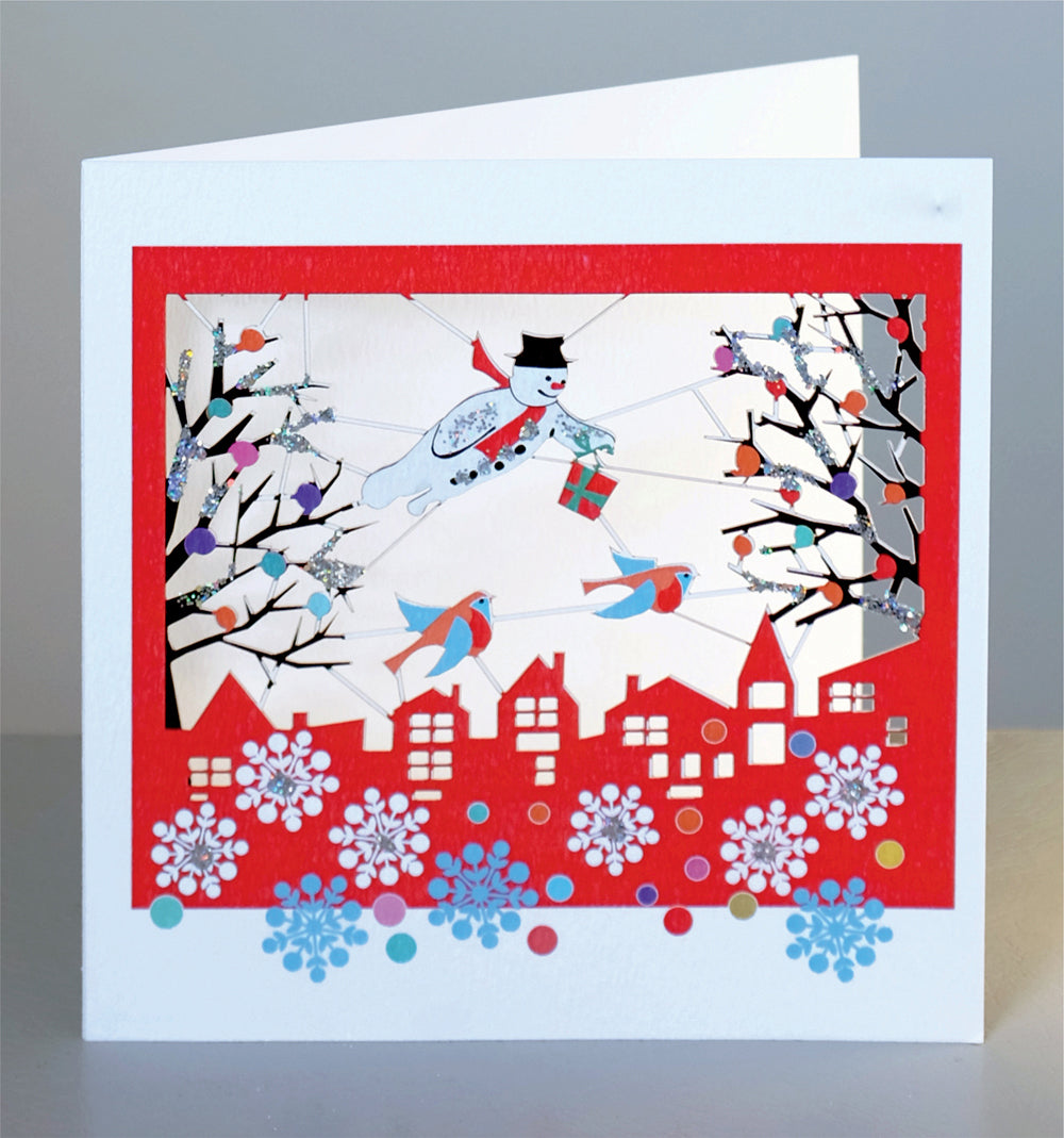 Snowman Delivering Present - Glitter - Christmas Card - Blank - XPM047